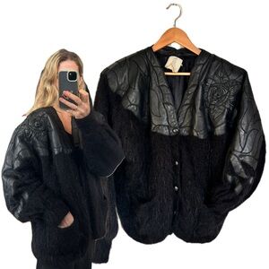 Vintage 80’s Patchwork Temple Creation 100% Leather Mohair Fur Button Up Jacket